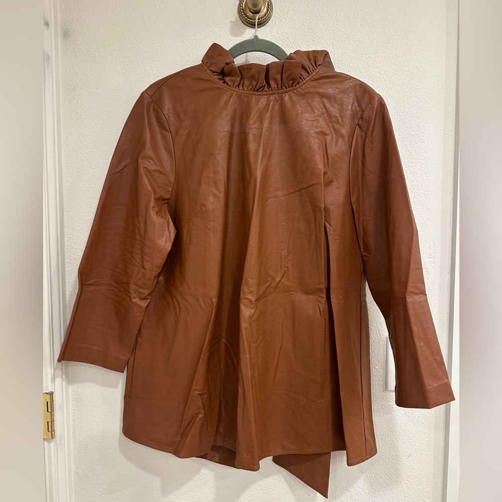 Tuckernuck Tan Faux Leather Ruffled Neck Blouse
